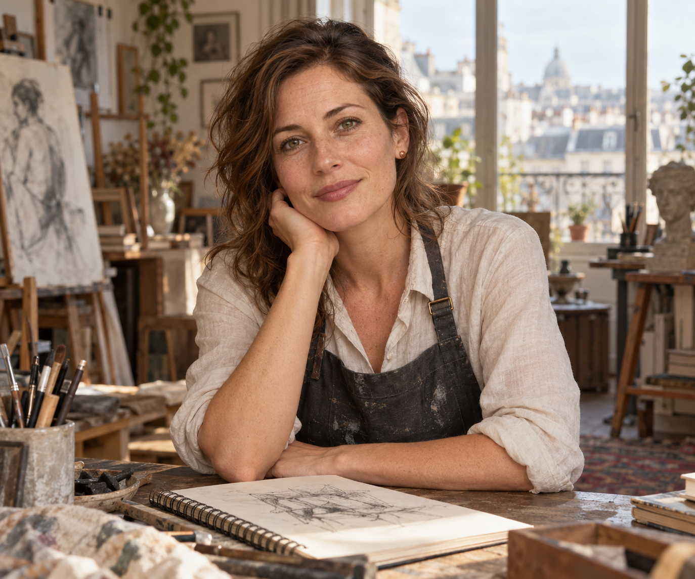 Mandy, our artist character, in a sunlit Paris-inspired atelier